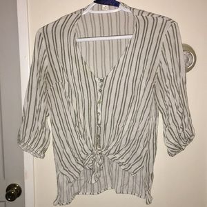 Green and white striped button down shirt